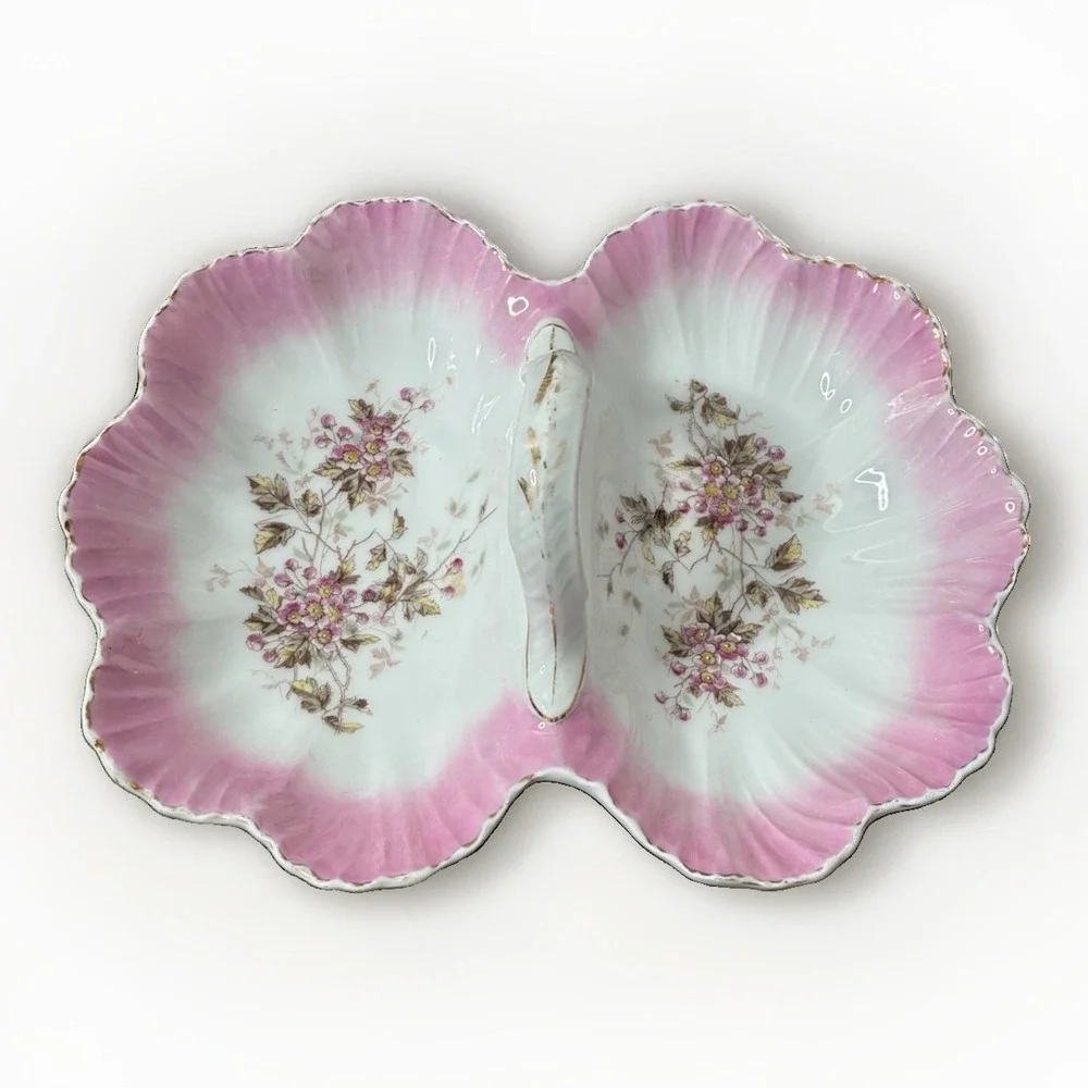 Antique KPM Germany Porcelain Pink Floral Divided Serving Dish Center Handle